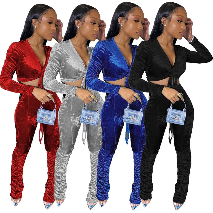 Fall 2021 Women Clothes Suit Two Piece Sets Jogging Femm Velour Tracksuits Leggings Fall Pant Stacked Pants 2 Piece Set Women