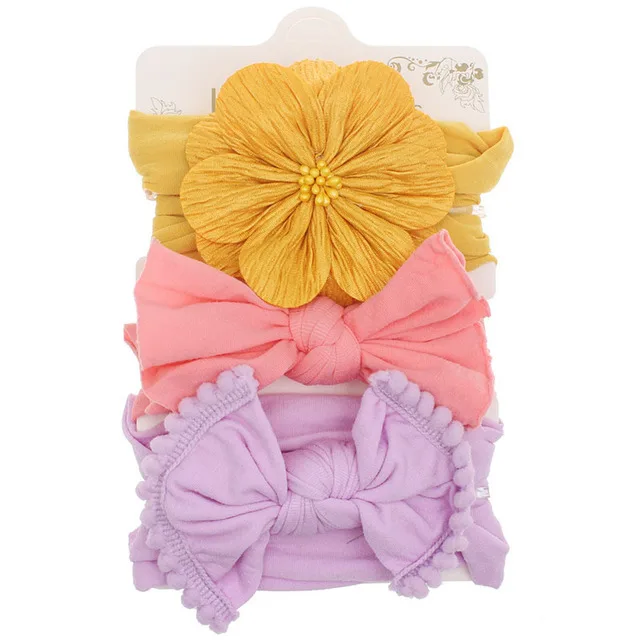 Wholesale Baby hair accessories infant  Children elastic headband soft Bow Flower Head wear 3pcs/set for girls