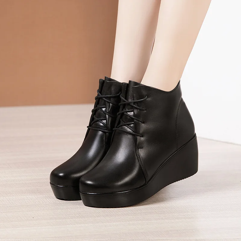 Wedge mid-heel ankle boots for women 2020 autumn/winter new muffin bottom thick waterproof platform round head large size all-ma
