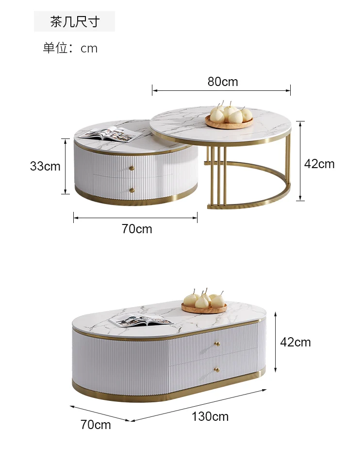 Modern Four Drawers Glossy Gold Stainless Steel Marble Top TV Stand High Quality Slate Tabletop Coffee Table Set