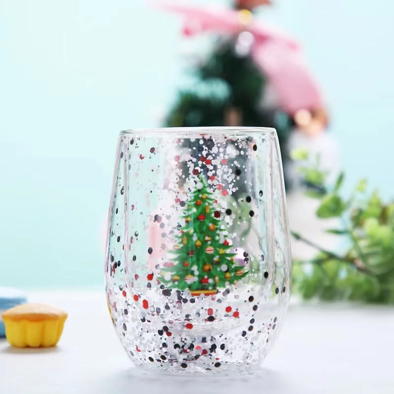 Xmas Gift Creative Double Wall Glass Cup Water Milk Coffee Mug Acorn Shaped Flowing Sequins Christmas Cup