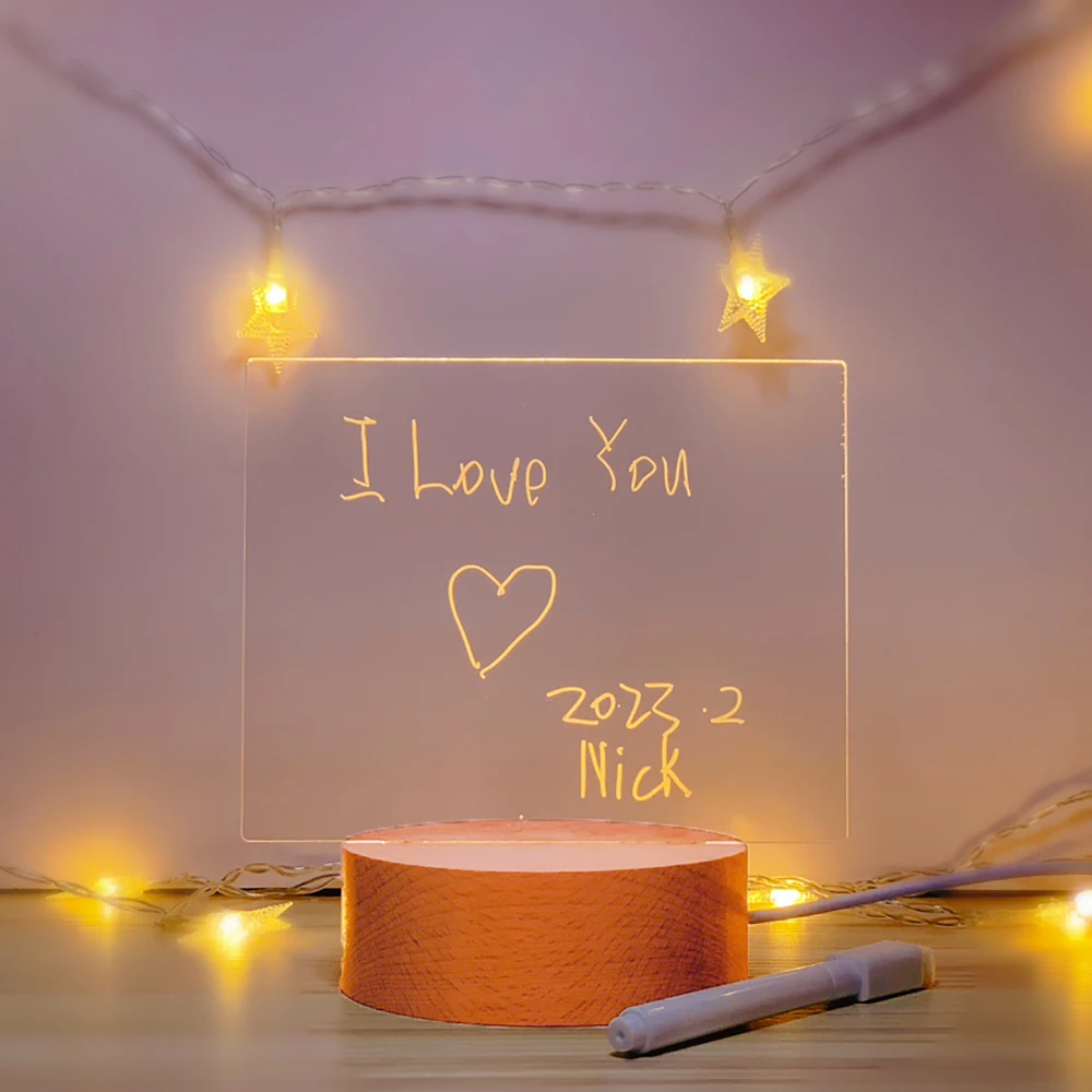 New acrylic 3D message board USB rectangular wooden warm light base DIY night light