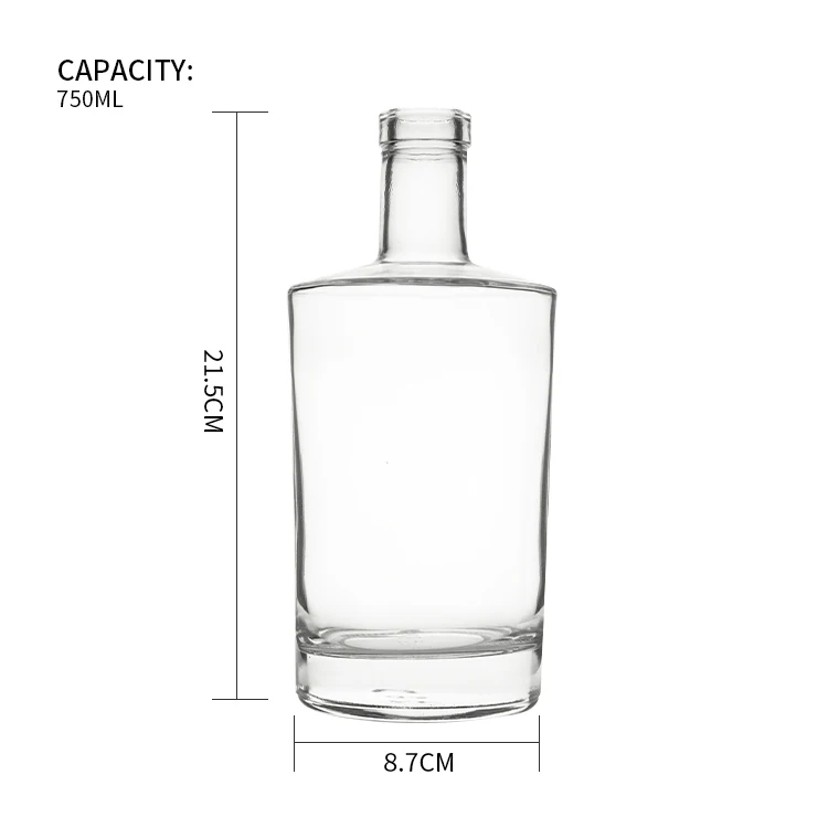 750ml Round Shape Flat Shoulder Vodka Whiskey Glass Liquor Bottle With Wooden Cork
