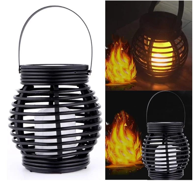 Round Rattan Lantern Solar Flame Light Powered LED Lamp Outdoor Hanging solar lamps outdoor