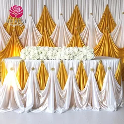 high quality Luxury Fashion Design long table gold pooling icy silk beautiful table skirt skirting for wedding