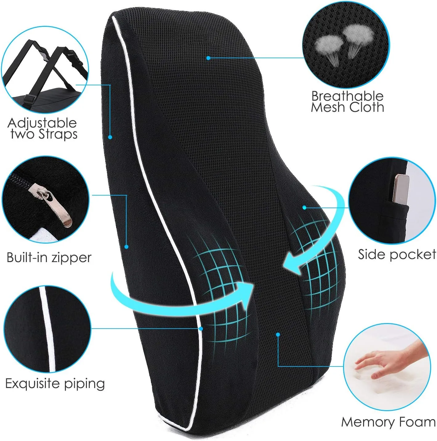 Lumbar Support Memory Foam Cushion with 3D Mesh Cover Ergonomic Orthopedic Back Rest Pillow for Office Chair Car