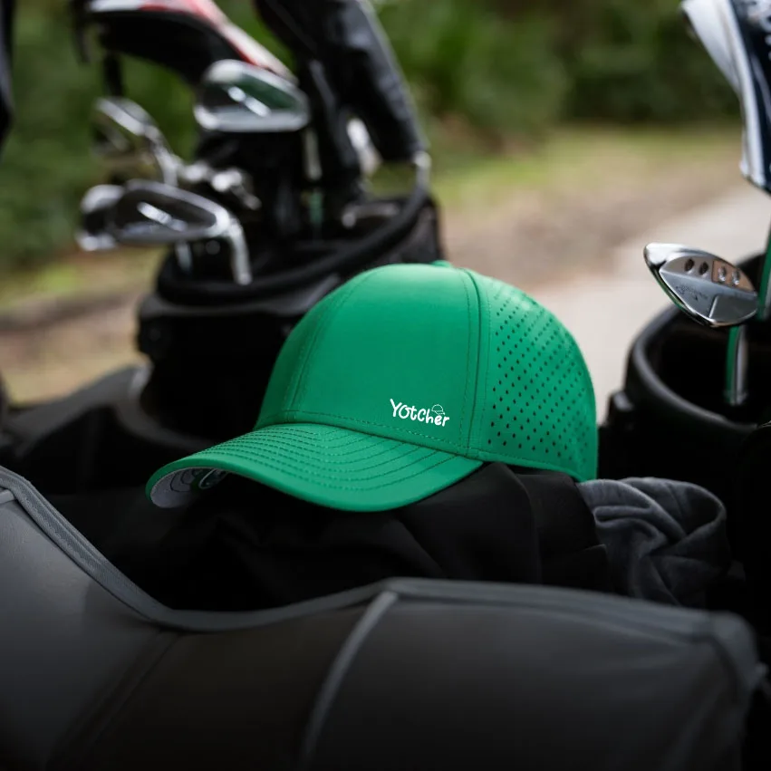 Custom Baseball Hat 6 Panel Kelly Green Waterproof Laser cut Custom Pattern PVC Logo Sports Trucker Perforated Performance Cap