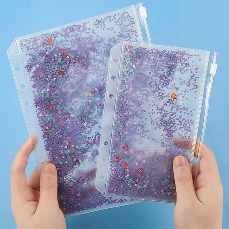 Binder pvc pockets glitter holes zipper folders a6 size notebook binder loose leaf bags waterproof pouch document filing