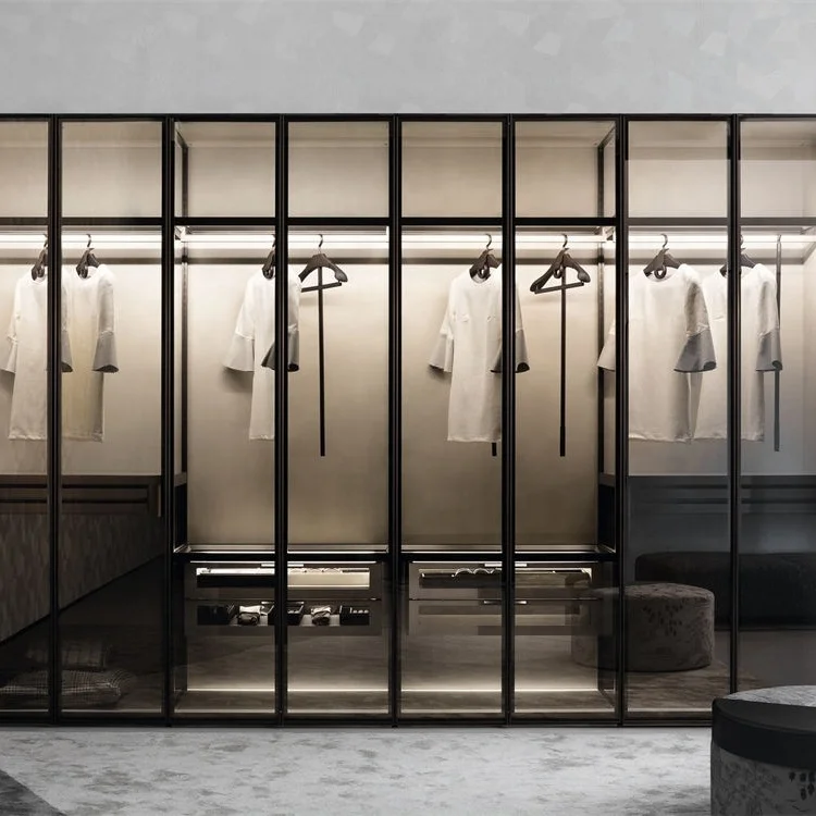 Hot sales customized black opened style pole system transparent simple designs bedroom glass door wardrobe