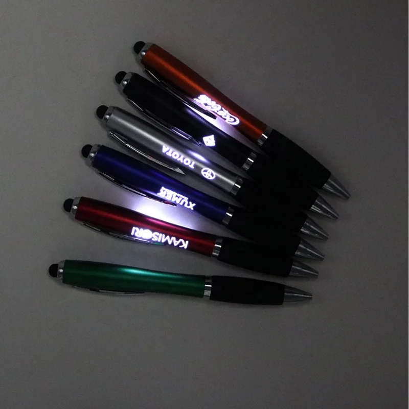 Plastic stylus ballpoint pen with laser logo printing led light inside multi-functional ball point for promotional