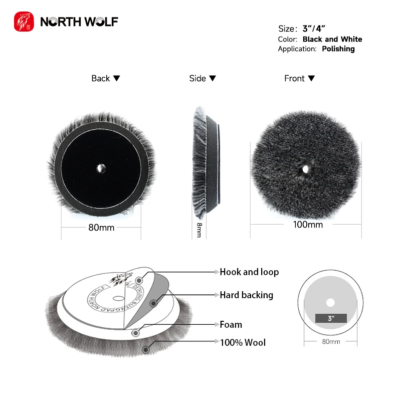 North Wolf 3inch Black & White Color 100% Wool Medium Cut Car Polishing Buffing Pads For Detailing