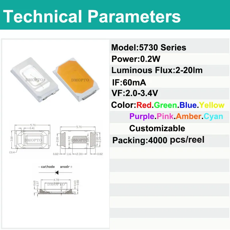 5730 SMD LED Light Source 2W White Atmosphere Light with Green CCT Emitting Red Blue Yellow Orange Purple Pink Colors