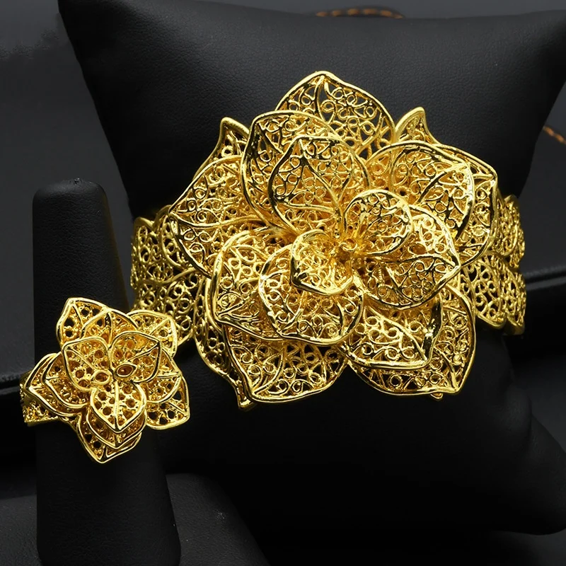 France Luxury Chain Cuff Bangle & Ring For Women Dubai Gold Color Indian Moroccan Big Bracelet Jewelry Arabic Wedding