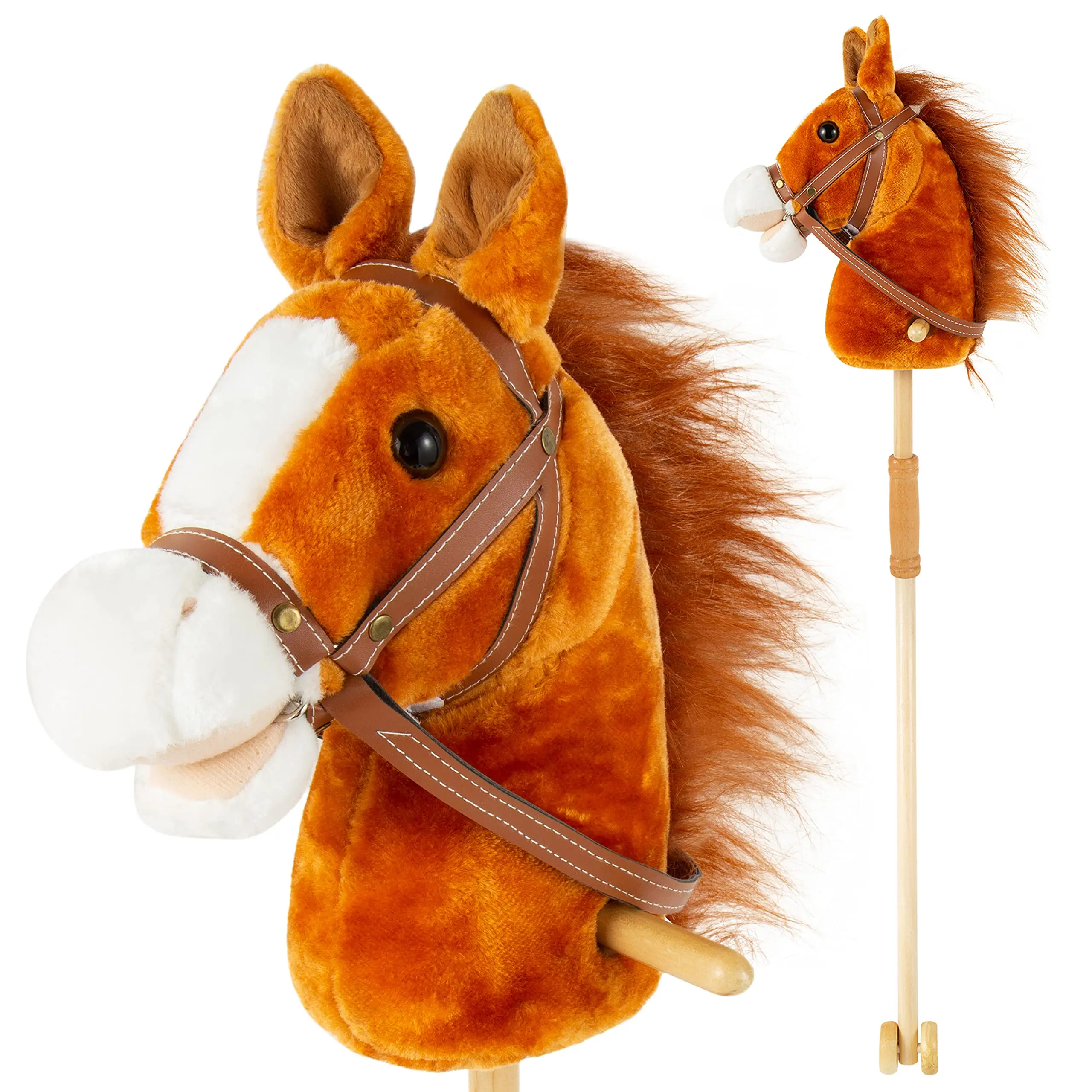 Custom Horse Riding Toy Handsewn Head Sturdy Wood Stick Plus Neighing And Clip-Clop Sounds Plush Horse Riding Stick