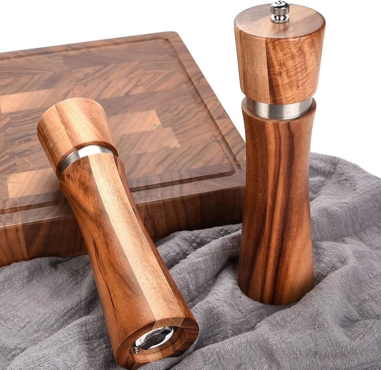 Adjustable Coarseness and Refillable Manual Acacia Pepper Mill Slim Wooden Salt and Pepper Grinder Set