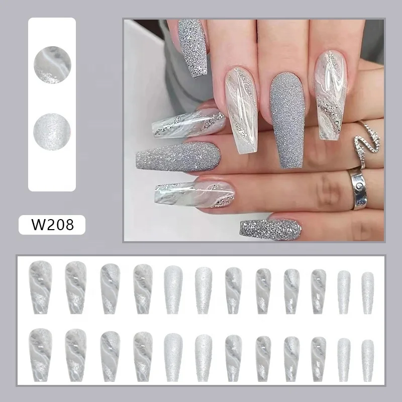 2023 New Fashion Long Ballet Nails Gray White Marble Pattern Glitter Designed Press on Nail Artifical Nails 24pieces/box