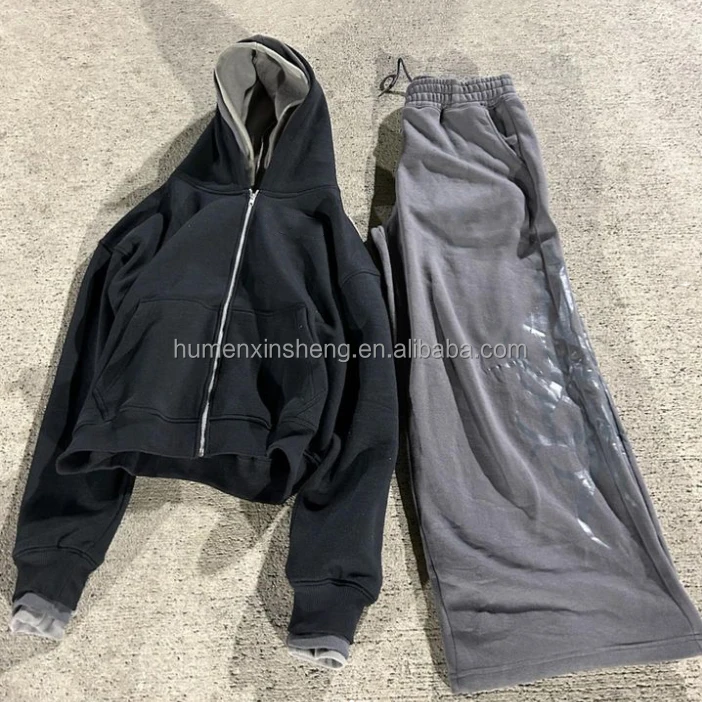 Clothing manufacturers blank oversized heavyweight cotton acid wash zipper three double layer hooded boxy cropped hoodie men