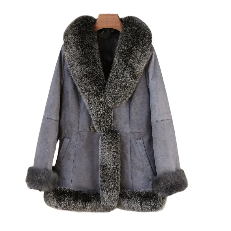 PUDI Luxury Lady Real Rabbit Leather And Fur Coat Fox Collar Women Winter Warm Coat CT276