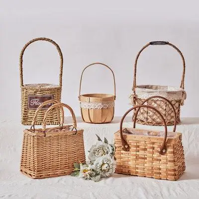 Hand-woven Wicker Purses Handbag Basket Purse Retro Summer Women Wicker Handbags Natural Storage Boxes & Bins Metal Iron Single