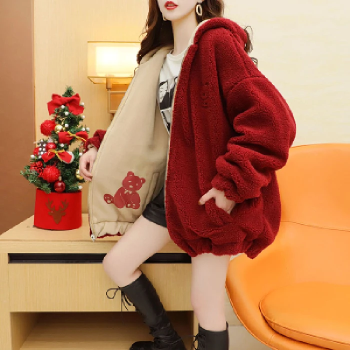 Both positive and negative lamb wool cardigan jacket sweater women plus velvet thickening 2021 autumn and winter new loose jacke