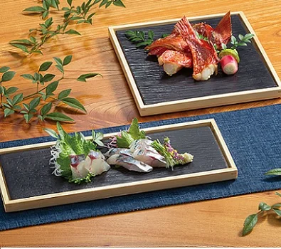 Japanese food stone pattern plate for restaurants and hotel looking for distributor wooden square plate