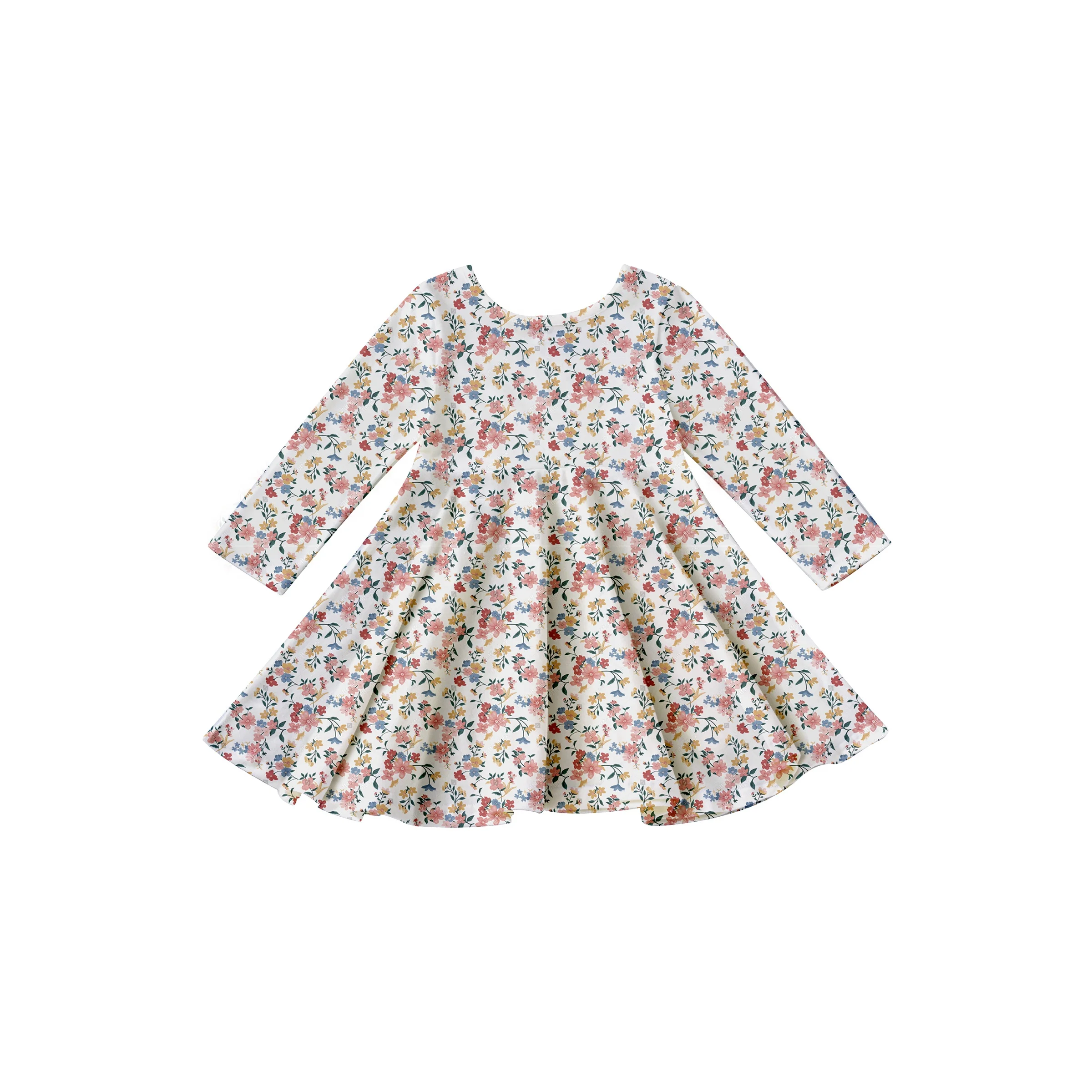 Girlymax 2023 Spring colorful  Floral Long Sleeve and Knee Length Baby Girls dresses