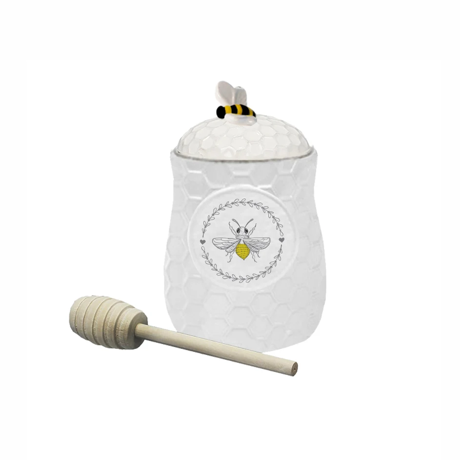 Unique bee design hexagon canister ceramic honey jars in bulk for kitchen decoration