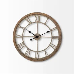 Antique Rustic Metal Wood Clocks Farmhouse Gold Roman Round Wall Clock Quartz Clock Movements for Home Living Room Decoration