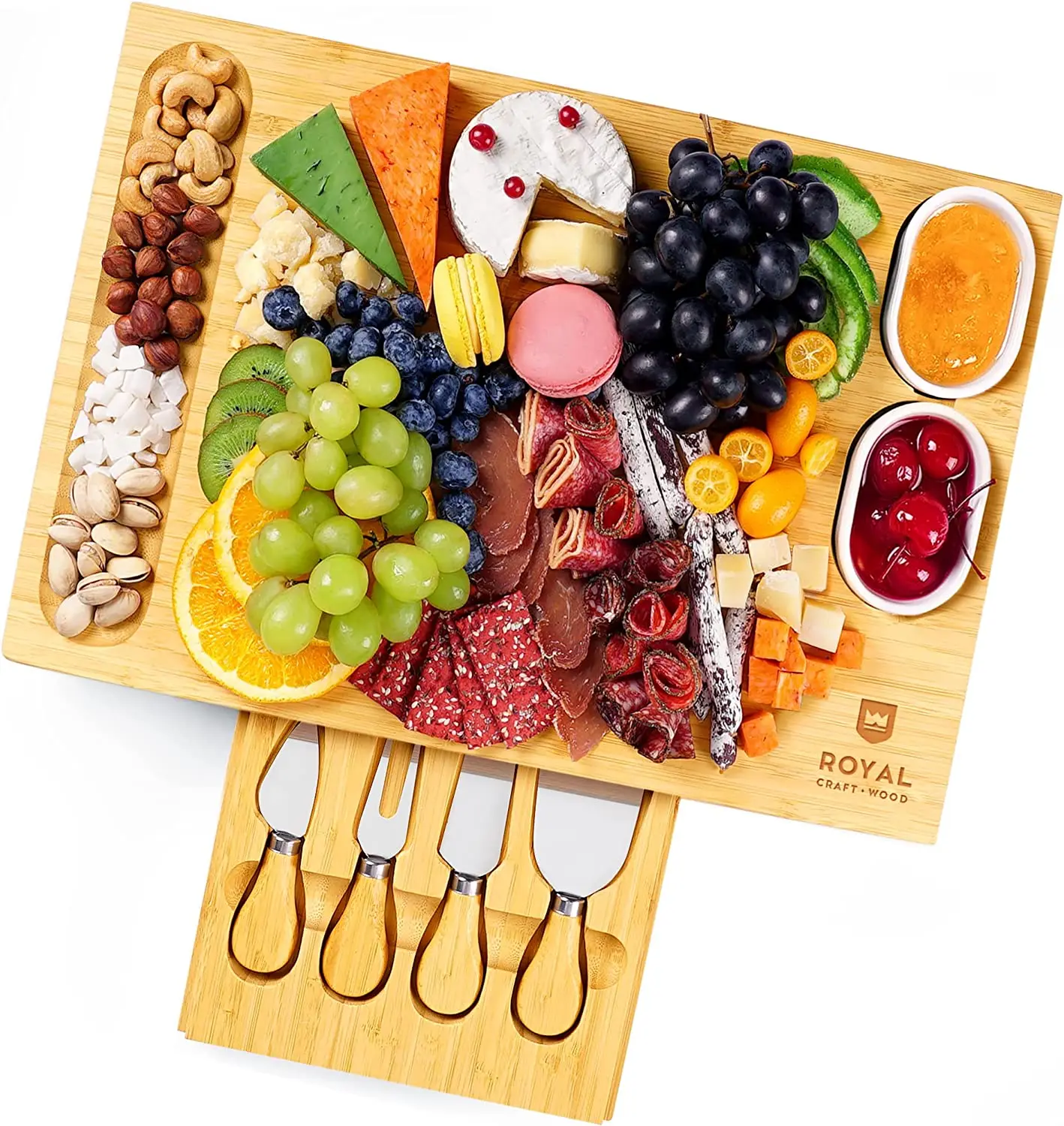 Unique Bamboo Cheese Board Charcuterie Platter & Serving Tray Including 4 Stainless Steel Knife & Thick Wooden Server With Bowl