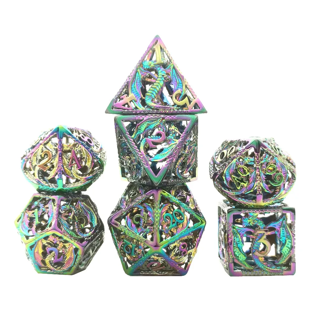 Hot Sale 7 Pieces Metal Hollow Dragon Dice Antique Copper Gold Brass Shiny Silver Rainbow Ntitanium Metallic Dice