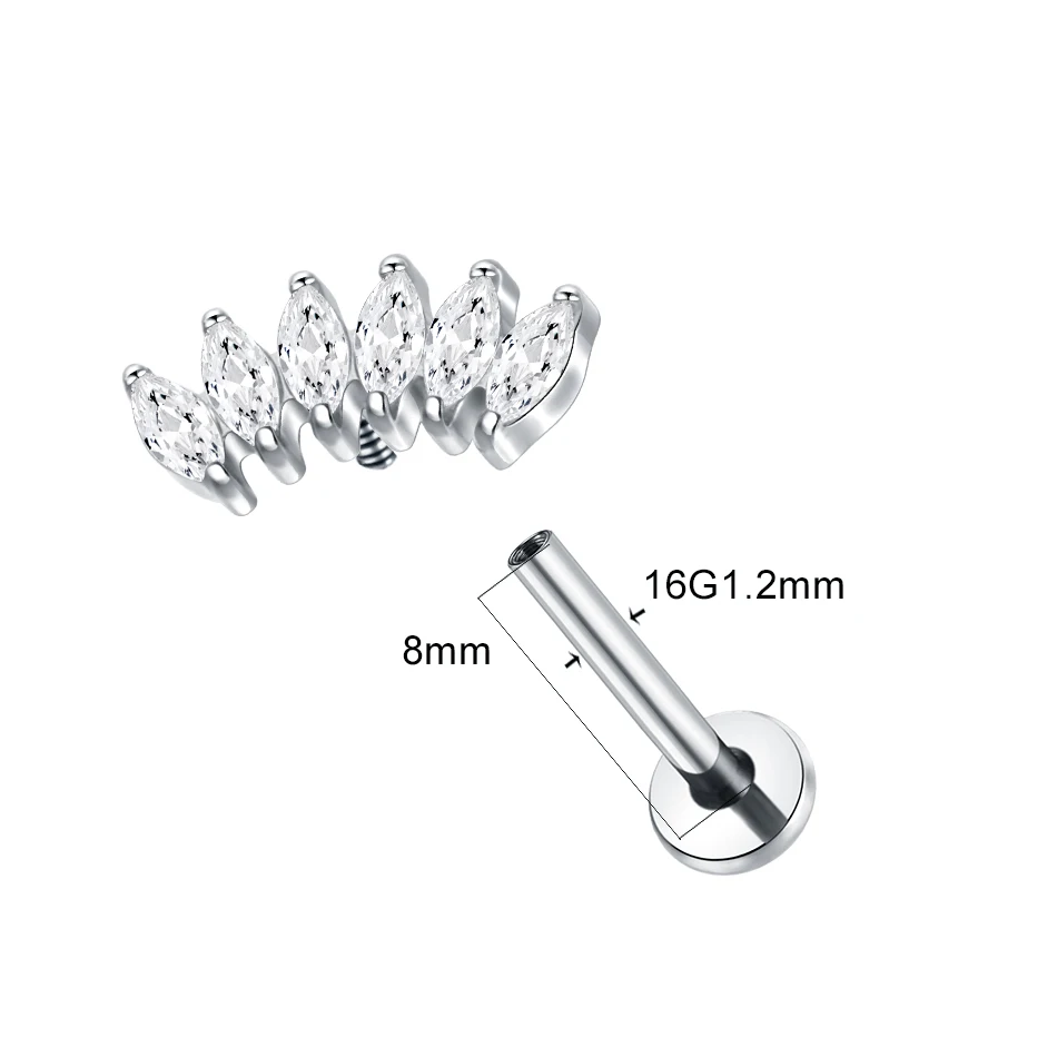 Wholesale Titanium Internal Thread 6 Horseeye Zircon Labret Monroe Lip Piercing Ear Cartilage Helix Tragus Piercing Earring Stud