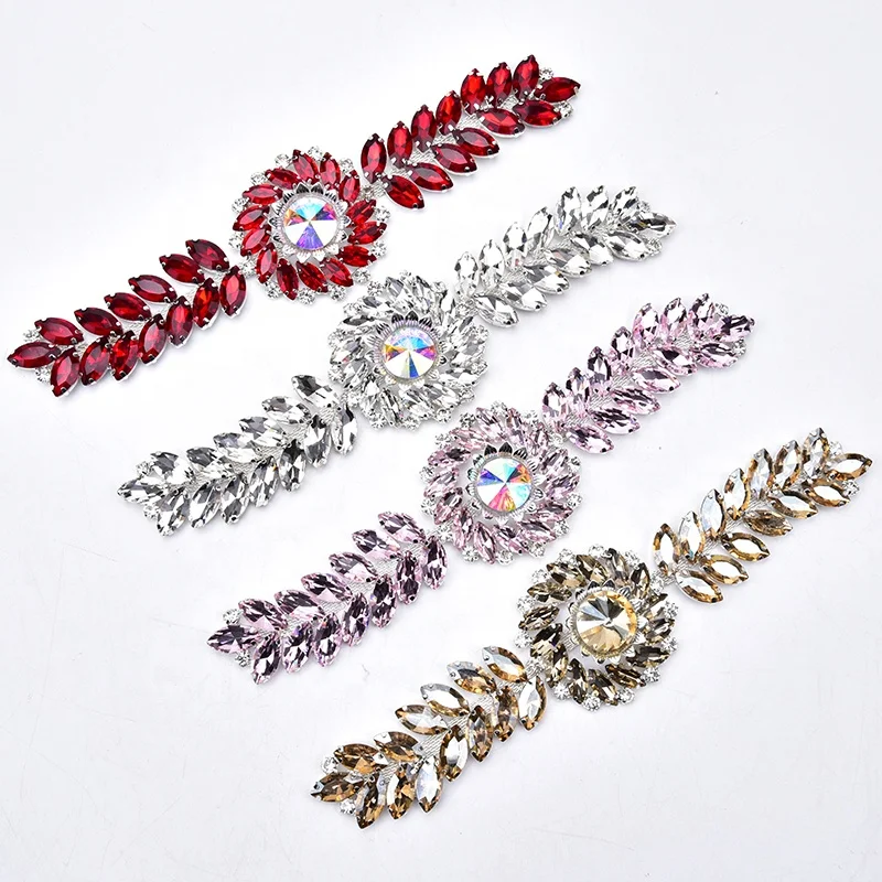 Fancy Rhinestone Flower Applique Glass Sew On Marquise Round Stone Strass Crystal Trim Patches for Bridal Sash Decoration
