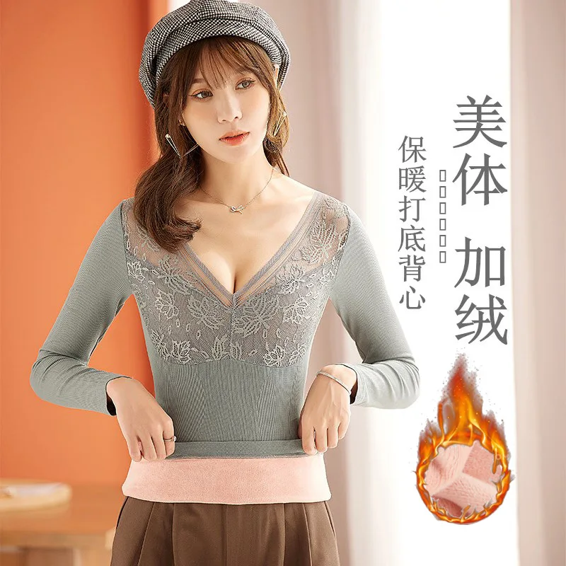 Wholesale Plus Velvet Thick Autumn And Winter Long-sleeved V-neck Slim Thermal Underwear Women