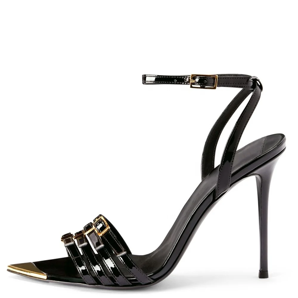 Woman Plus Size Shoe 44 45 46 47 Steel Metal Tip Pointed Toe Sandals Shoes With Ankle Buckle Strap Pencil High Heels For Women