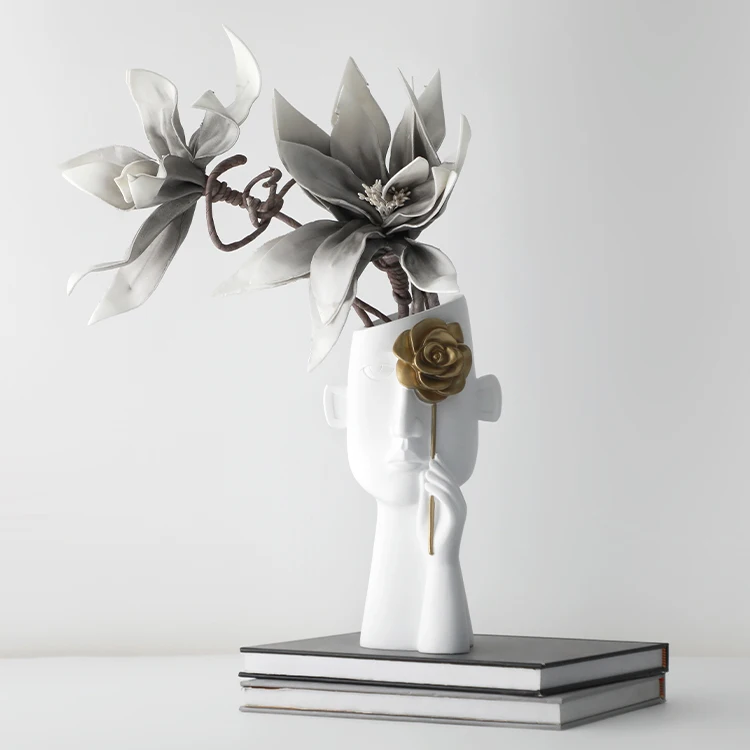 Novelty Custom Modern Creative Abstract Face Vase Art Resin Flower Vase Pot Human Head Shape Nordic White Tabletop Vase