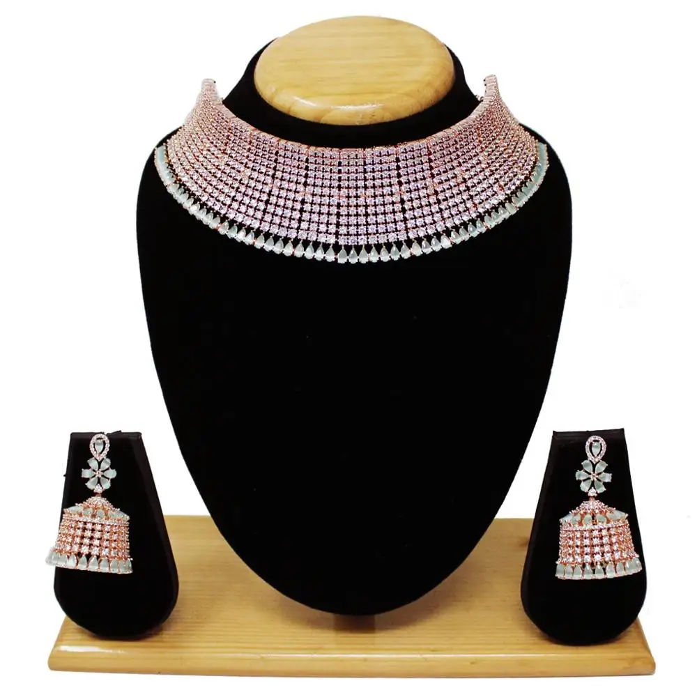 American Diamond Choker Rose Gold Plated Necklace jewelry Set AD (Light Pink) for Women Girls