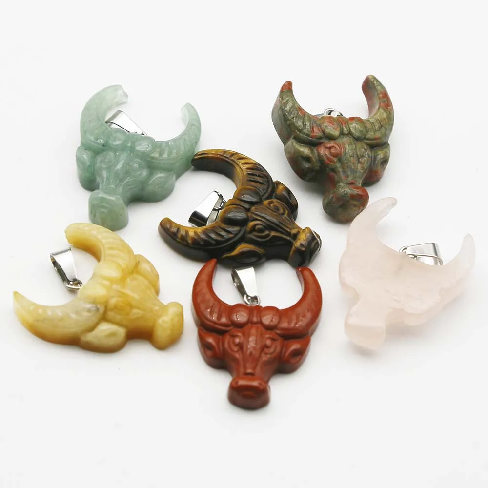 Natural stone crystal agate green yellow jade tiger eye semi-precious stone ox head animal carving pendant necklace jewelry