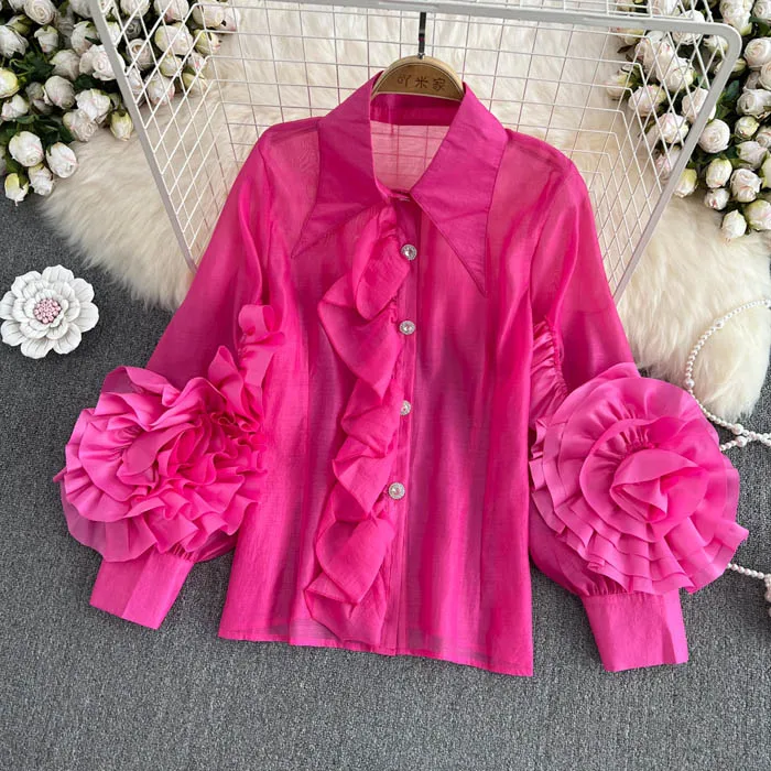 YM8846   Wholesale 2013 Korean Chic Candy Color Ruffles 3D Floral Loose Design Long Sleeve Shirt Blouse Shirt Tops 7