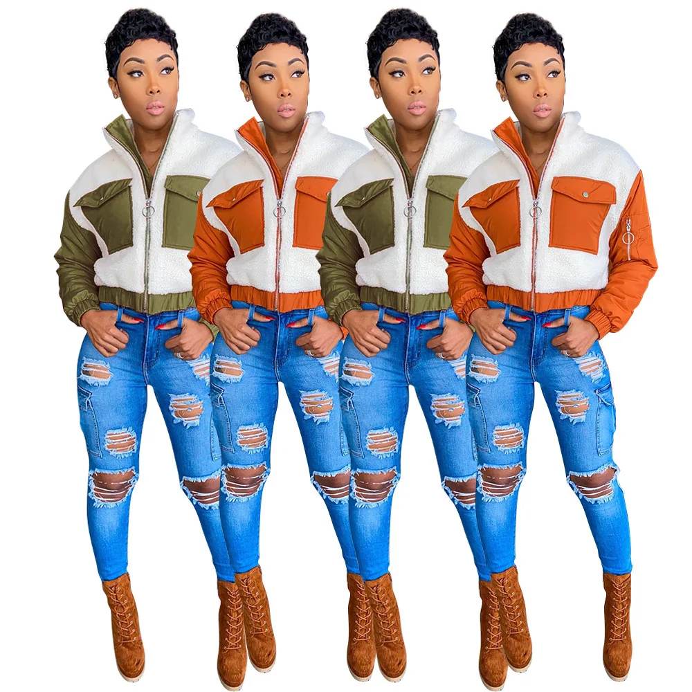 Lamb Wool Women Coat Autumn Winter Warm Short Coat with Pockets Stand Collar Long Sleeve cotton-padded jacket