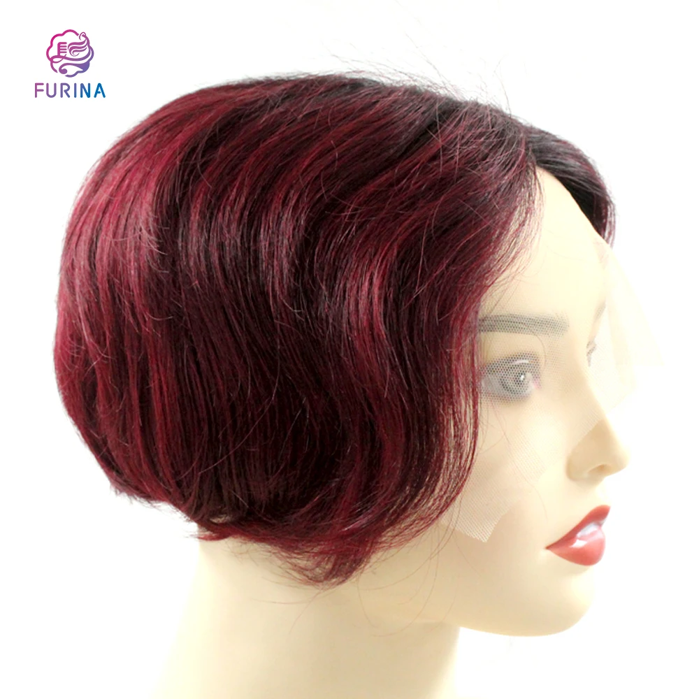 Remy short human hair purple natural and realistic good looking nice texture frontal T lace wigs for women