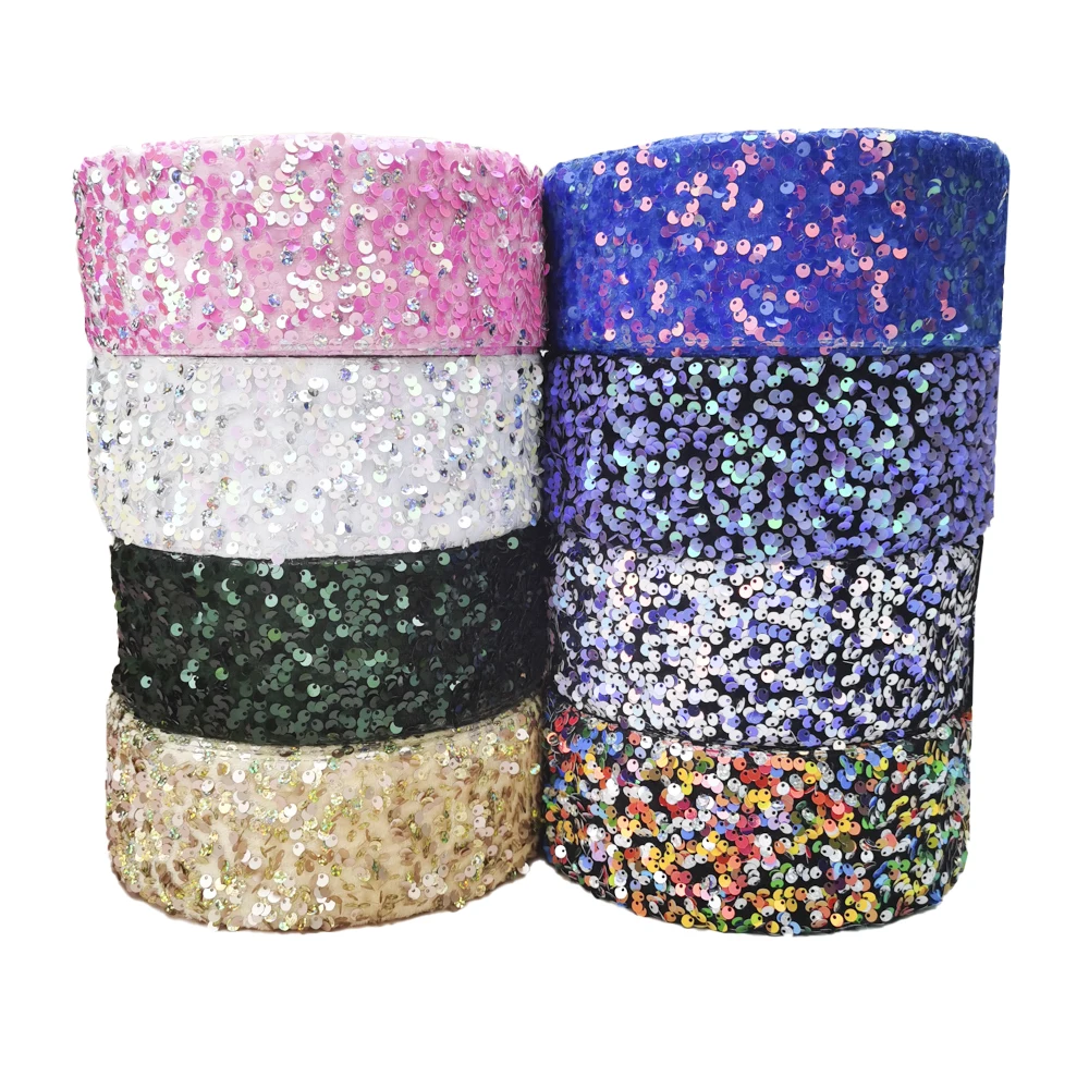 Wholesale per roll with high quality 50 Yards Velvet Sequin Ribbon 38mm for DIY Bows  Accessories Craft Materials