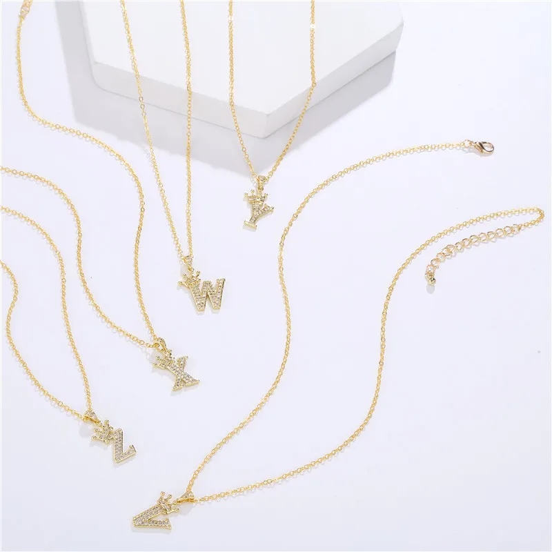 New Fashion Crown A-Z 26 Initial Letters Necklace Gold Crown Alphabet Pendant Initial Necklace For Men Women