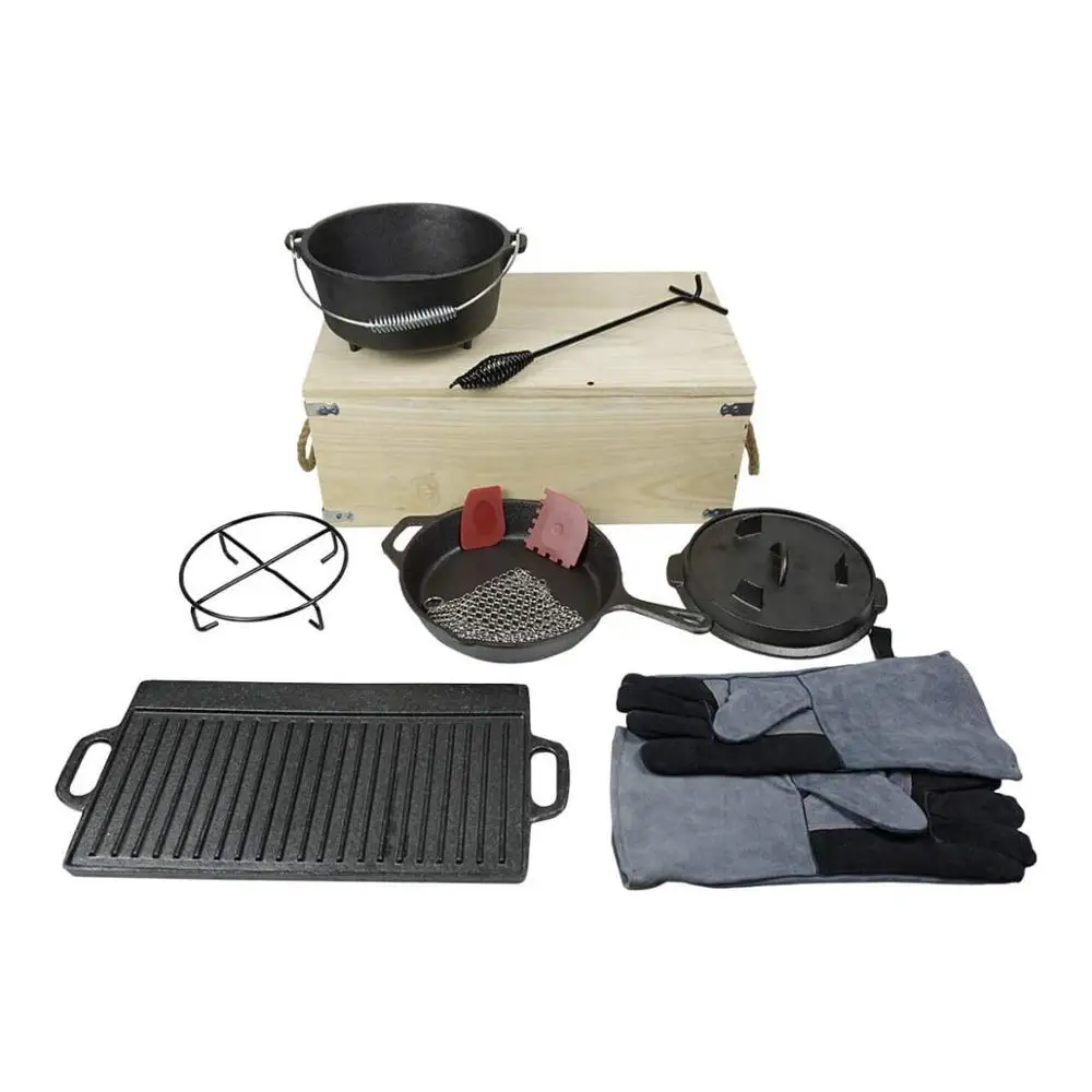 cast iron cookware set with campfire tripod set