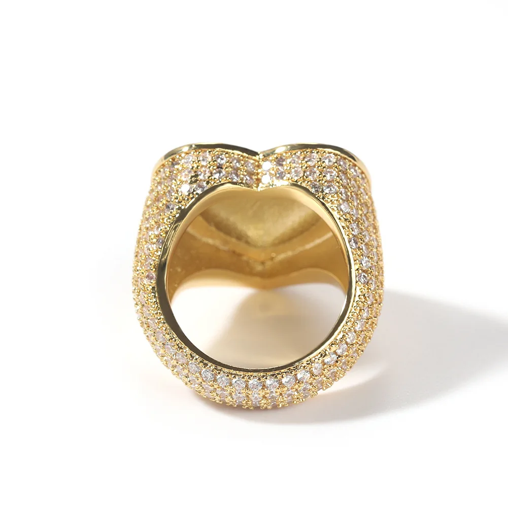 Hip Hop Iced Out Bubbly Heart Signet Ring 18K Gold Plating Zirconia Large Ring for Men Bling Rapper Jewelries