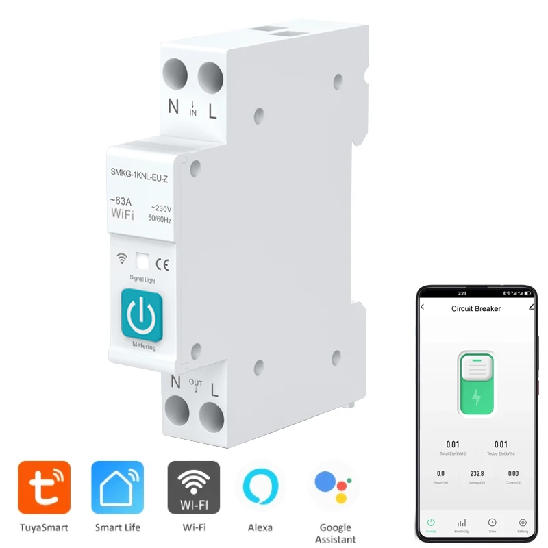 Tuya Smart Life APP AC 90-240V 1-63A Adjustable 1P Wifi Circuit Breaker Switch With Power Metering