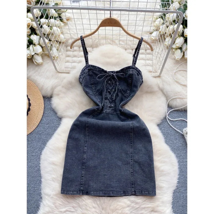 Spring Korean-style Outfit - Sweet Tied Belt Denim Skirt with Slim Fit Short Strap Dress for Women Exuding an Elegant Atmosphere