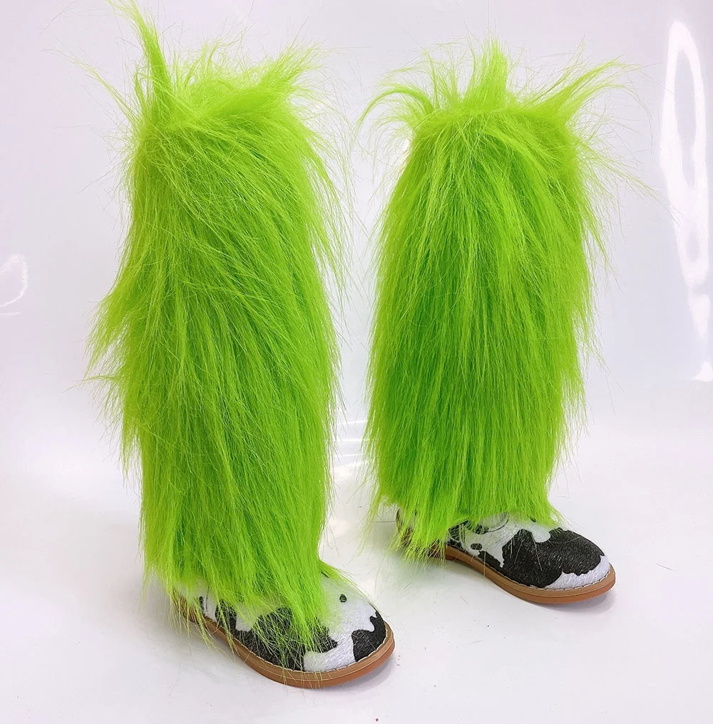 Wholesale factory customize baby kids fur leg shoes knee pure color green Christmas warmers