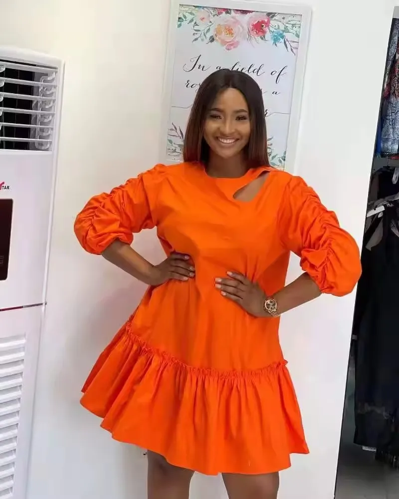 summer Fall 2022 women clothes ruffled pleated zipper solid color shirt T-shirt dress long-sleeved splicing casual dresses