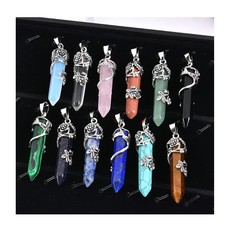 Natural Stone Crystals Energy Healing Necklace Antique Silver Flower Wrapped Amethyst Rose Quartz Crystal Pendant Necklace Women
