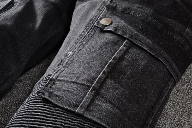 
New France Style #1057# Mens Ripped Stretch Cargo Pockets Moto Pants Washed Biker Black Jeans Slim Trousers Size 29-42 men denim  <span style=
